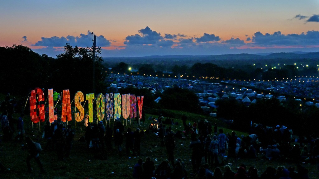 glastonbury festival from the hill across the site